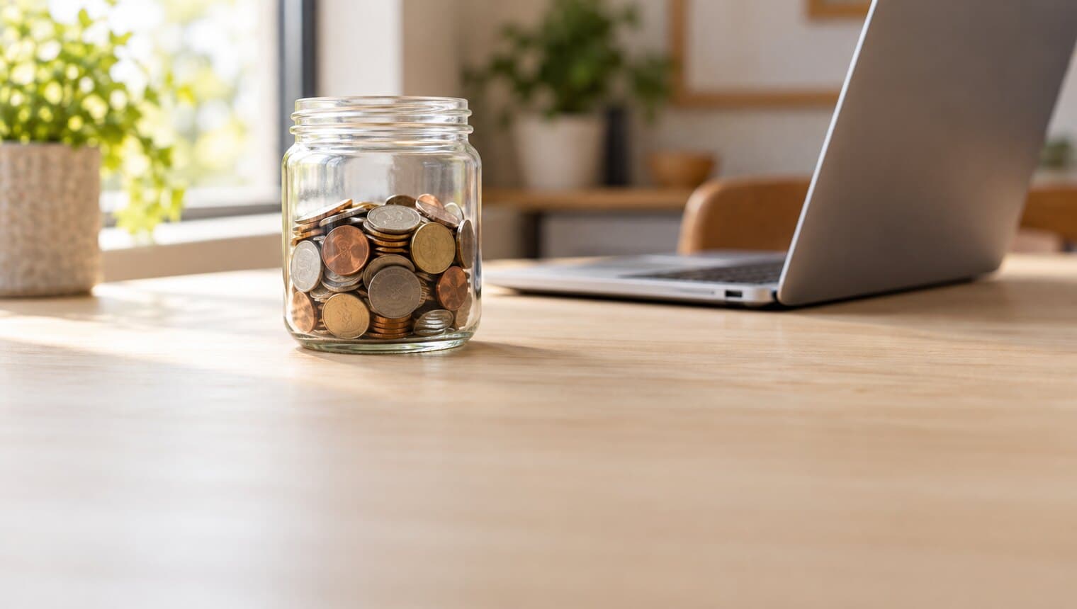 A glass jar of coins on a desk beside an open laptop in bright morning light