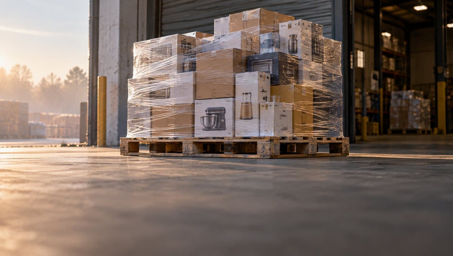 A shrink-wrapped pallet of mixed boxed goods on a loading dock in morning light