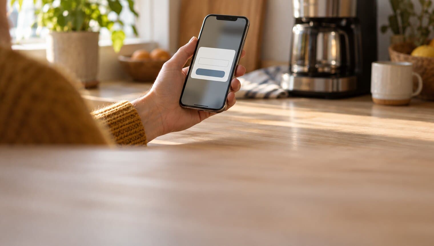A hand holding a phone showing a Make offer dialog, a small kitchen appliance on the table behind it