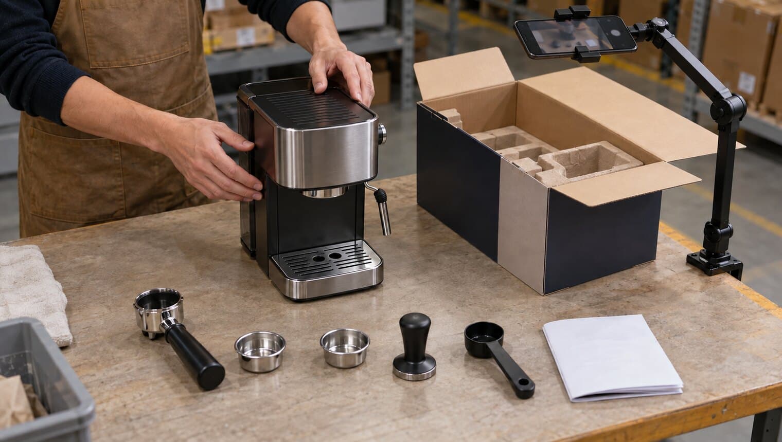 An inspector at a bench photographing a small kitchen appliance beside its opened retail box and accessories