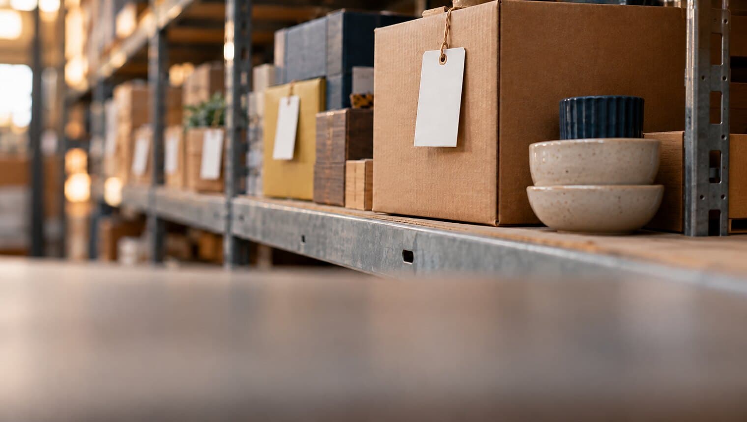 A warehouse shelf of boxed items, each with a small paper tag, one tag sharp in the foreground