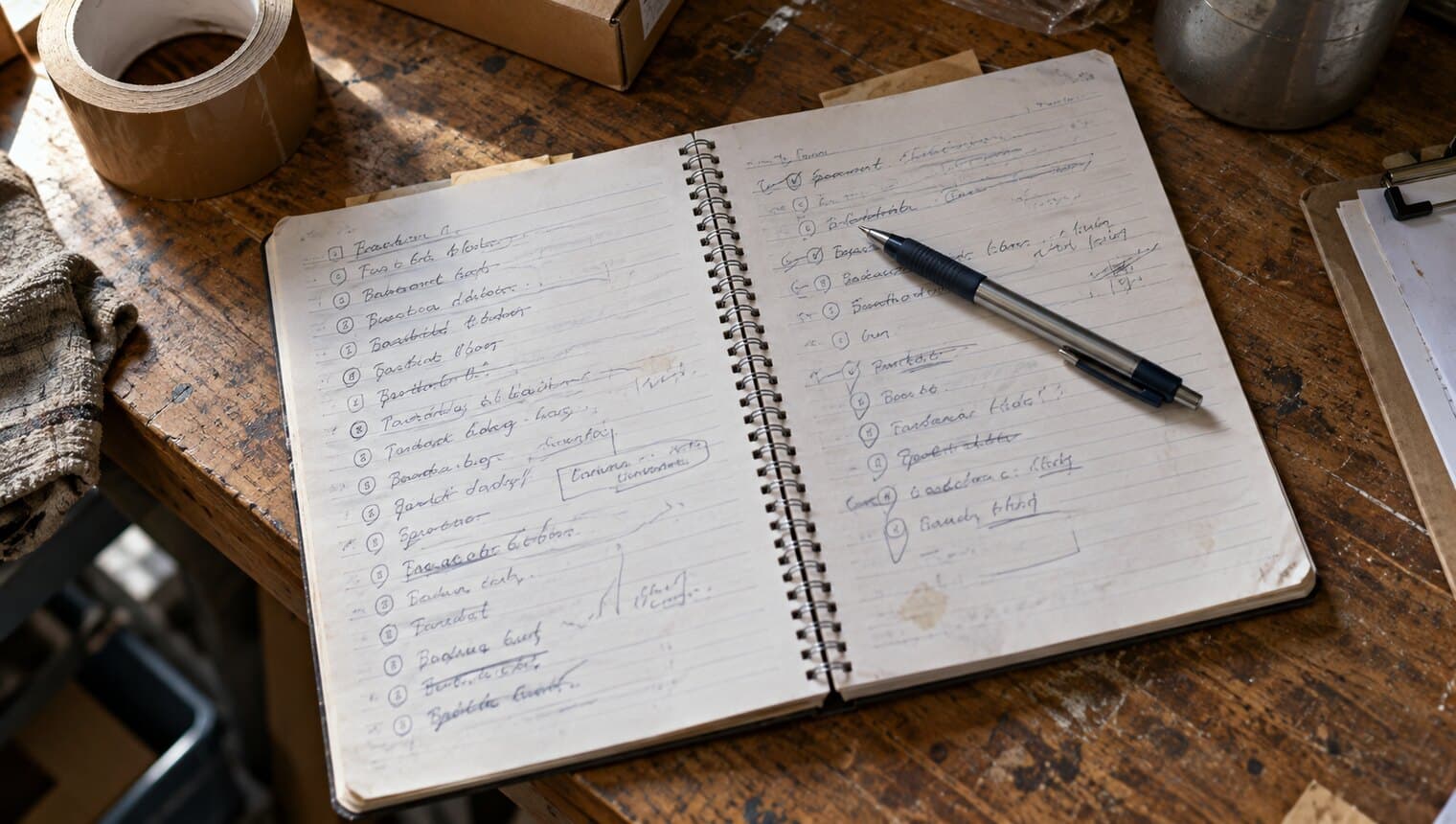 A notebook on a warehouse desk with a numbered list of handwritten questions, a pen across the page