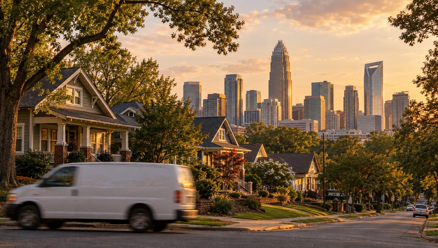 The Charlotte skyline at dusk seen from a residential street, a delivery van passing