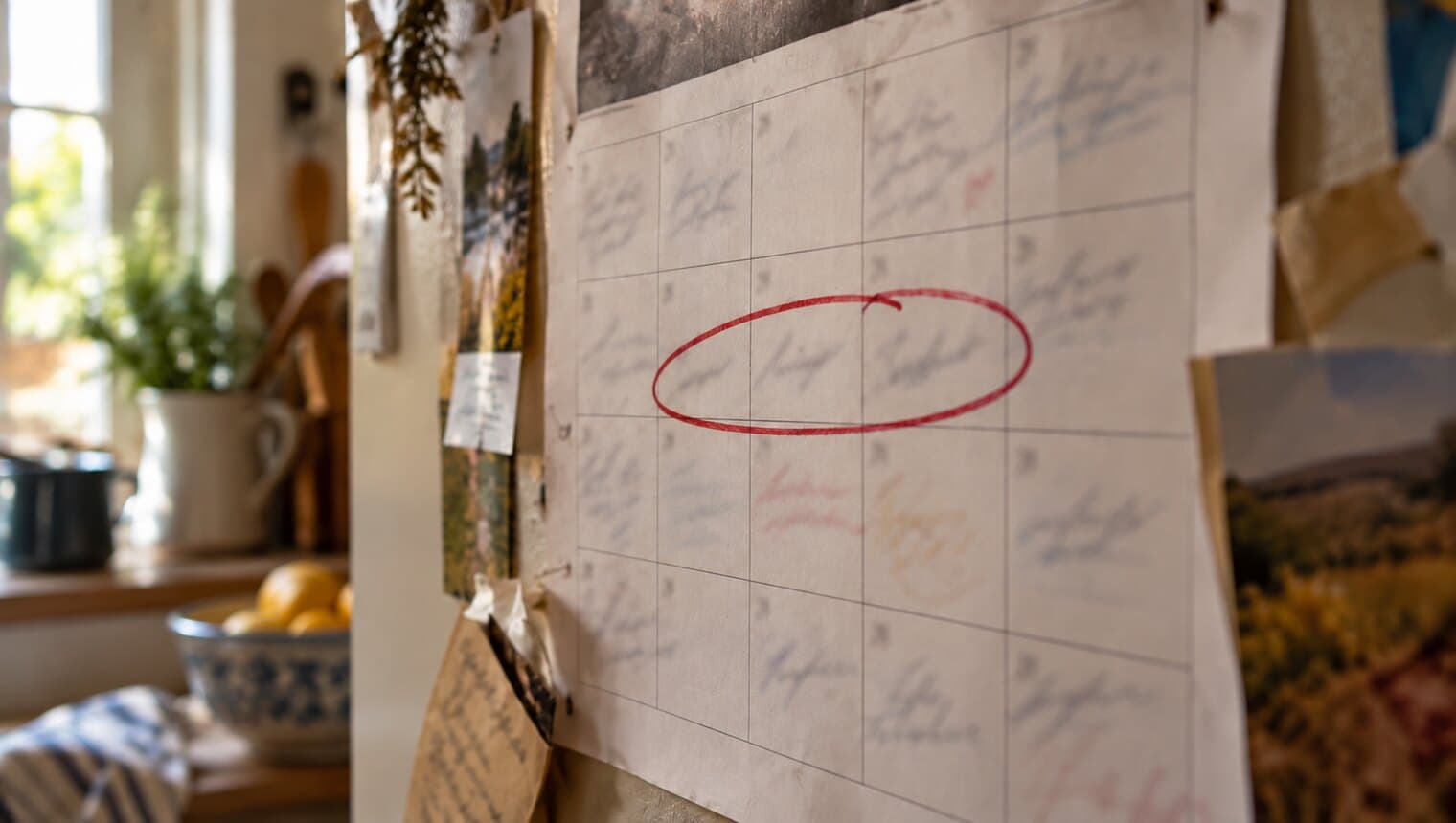 A wall calendar with a three-day pickup window circled, overlapping a handwritten work schedule