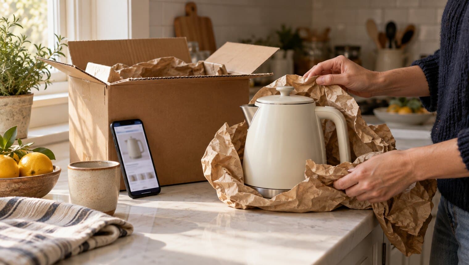 An open shipping box on a kitchen counter with a phone propped beside it showing a condition report