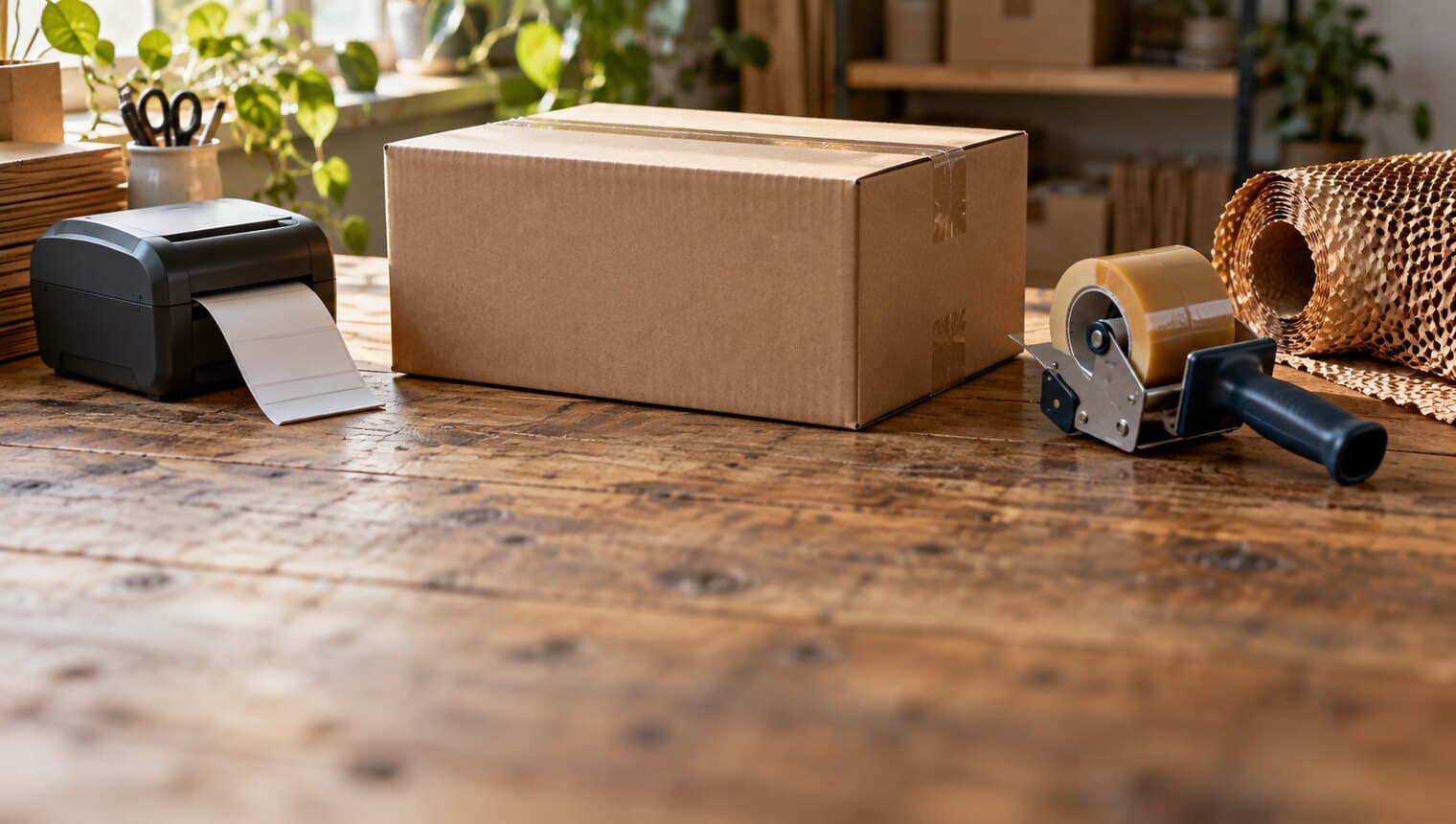 A sealed cardboard box on a packing bench beside a label printer and a tape gun